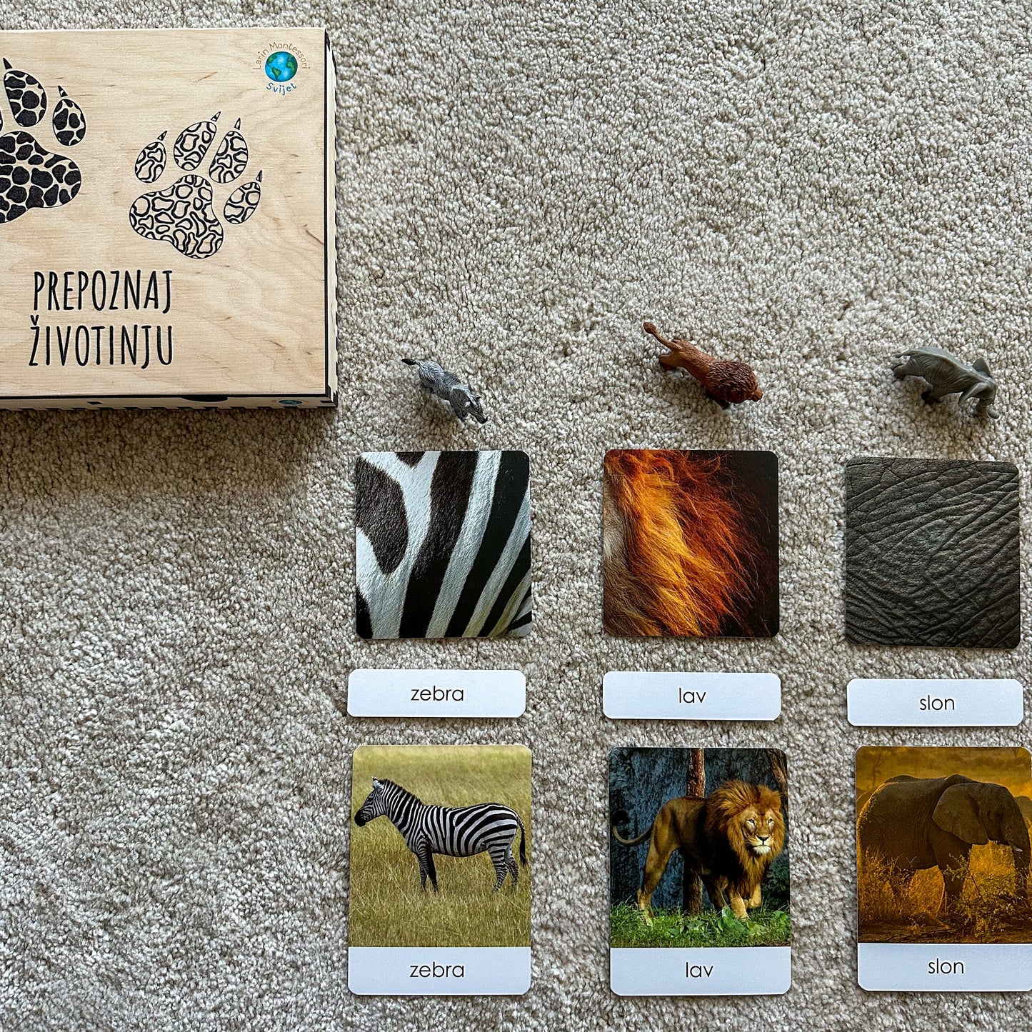 Minijature i Montessori kartice u drvenoj kutiji - Prepoznaj životinju