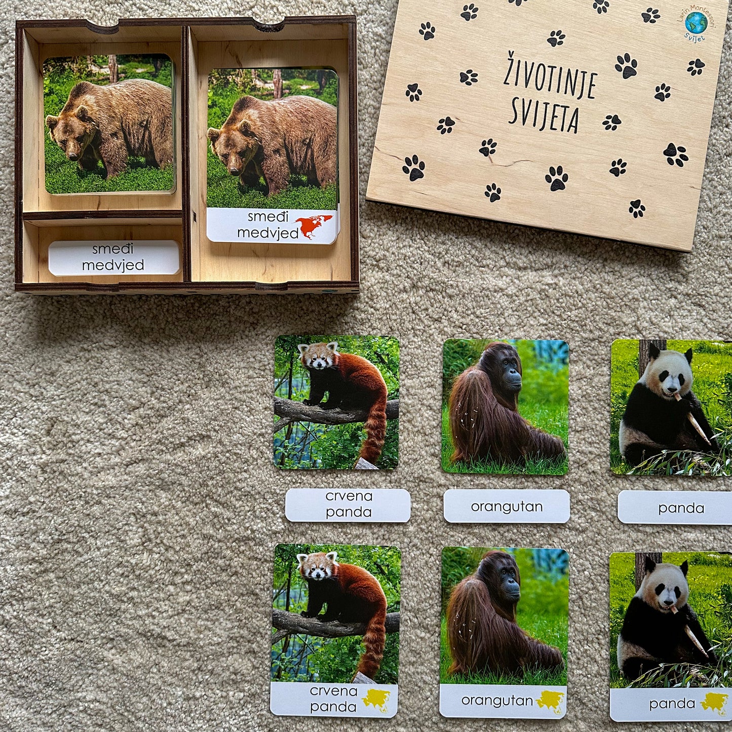 Montessori kartice u drvenoj kutiji - Životinje svijeta