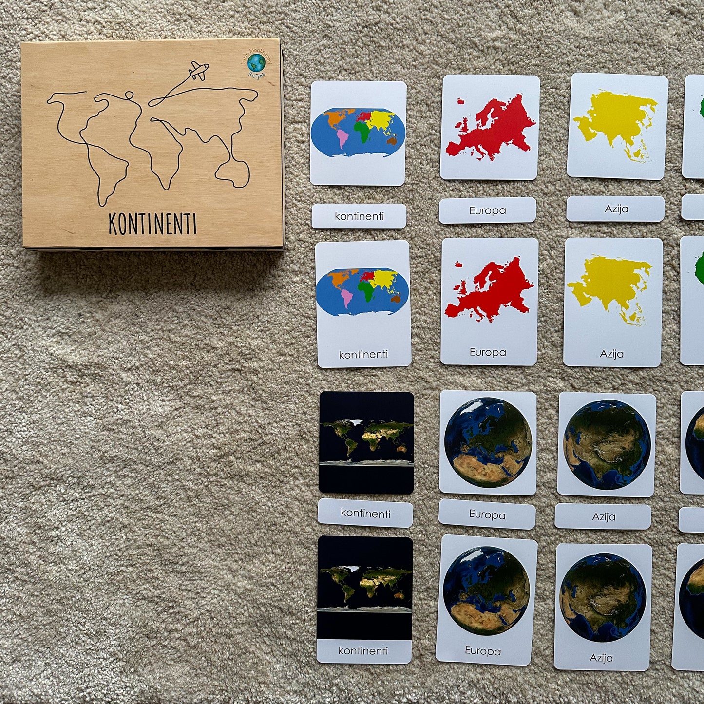 Montessori kartice u drvenoj kutiji - Kontinenti