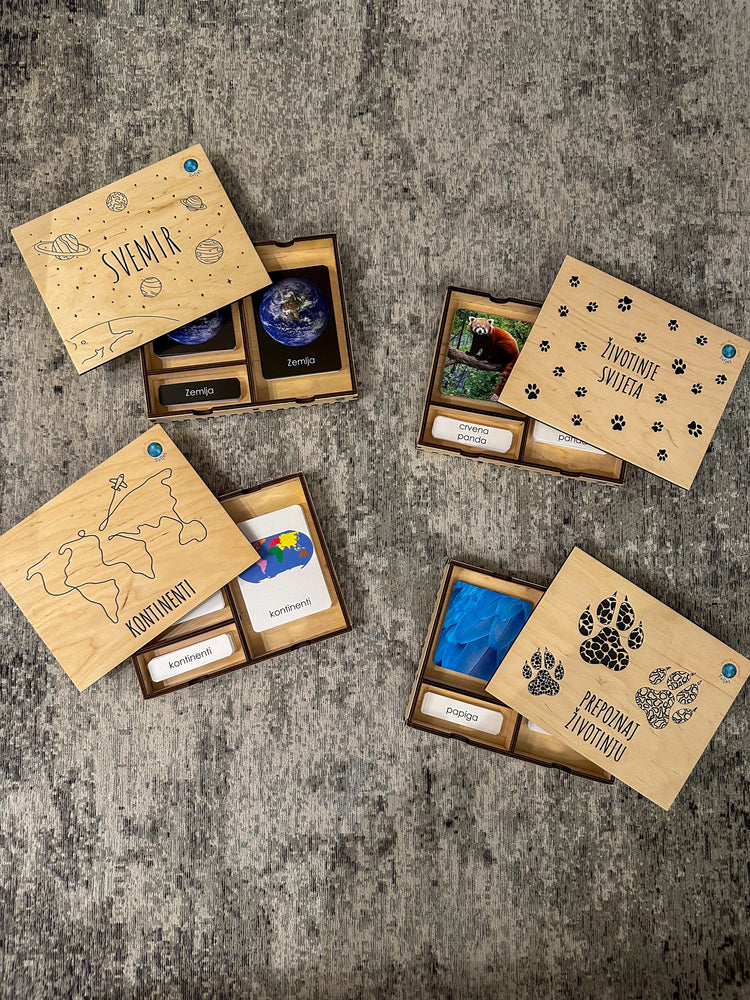 Montessori cards in a wooden box