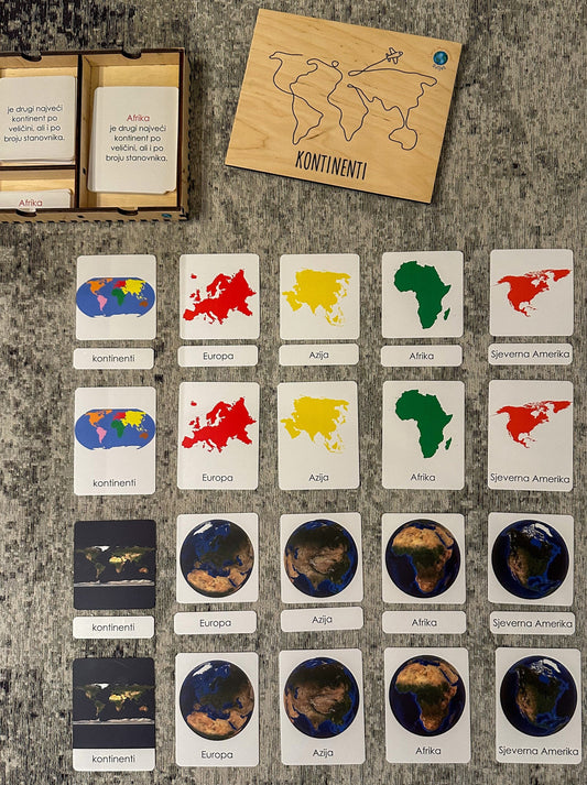 Montessori cards in a wooden box - Continents